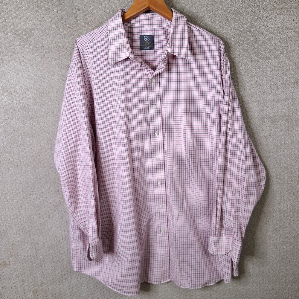 GS Shirt Mens 18.5‎ 35/36 Pink Plaid Classic Fit Button Down 100% Cotton Casual